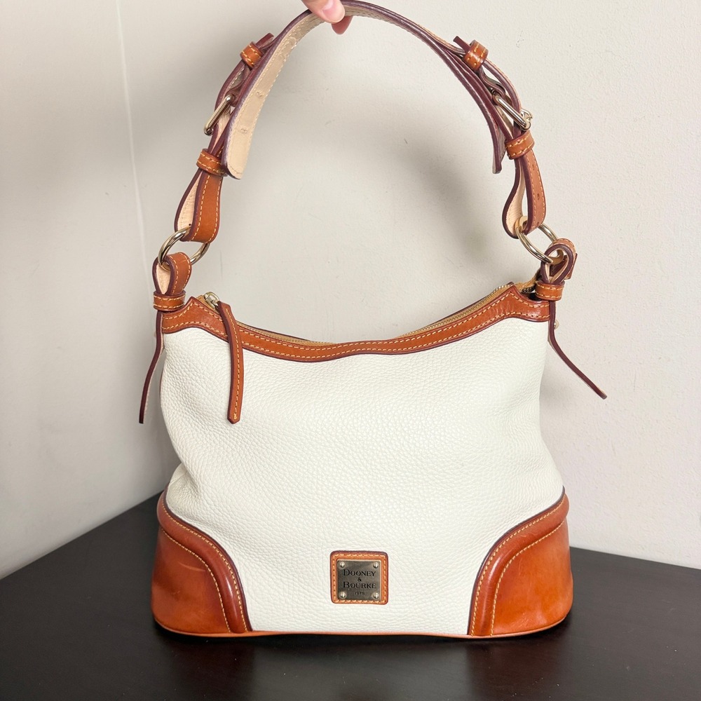 Dooney & Bourke Cream Ivory White Pebble Grain Leather Hobo Bag Brown Trim